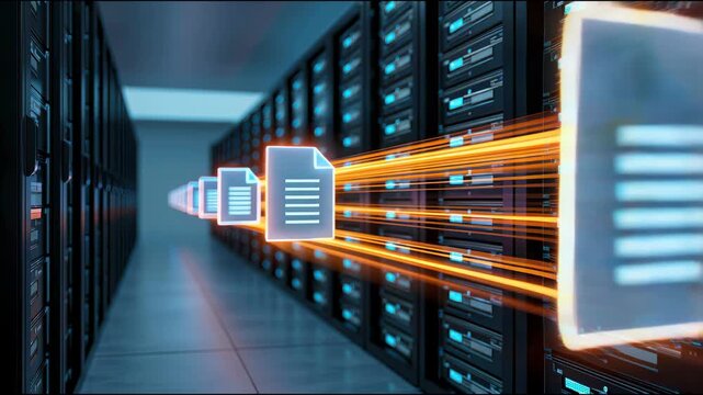 High speed data file transfer through server rack and data center racks. glowing document icons stream across network with dynamic motion