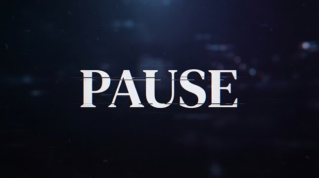 The word pause displayed in white serif typography against a dark background with digital glitch effects horizontal lines and bokeh lights for a modern abstract technology concept