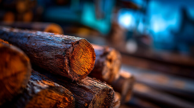 Industrial timber logs stored at a lumberyard with blue lighting industry lighting