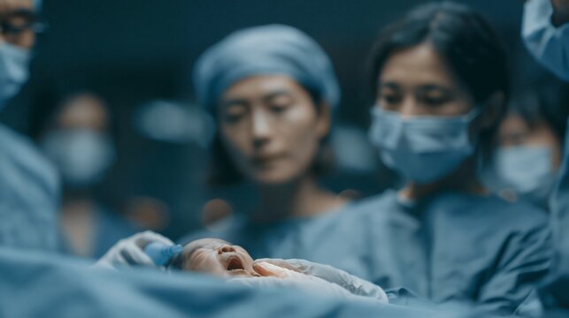 Medical team performs C-section birth, baby takes first breath