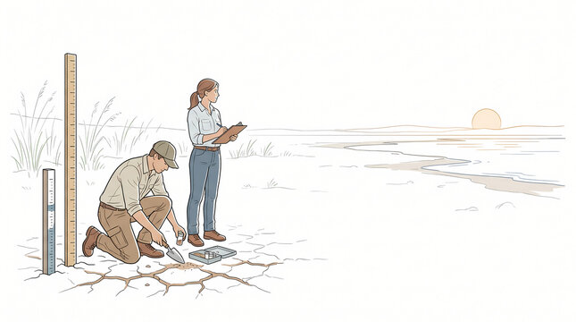 Field survey team studying drought and water scarcity at dry reservoir