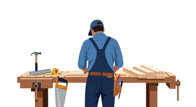 A carpenter or handyman working at a wooden workbench with various tools and lumber, viewed from behind on a white background.
