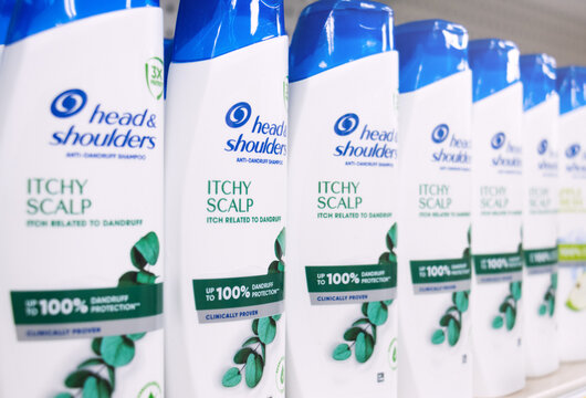 Head and Shoulders Anti Dandruff Itchy Scalp Shampoo for sale on store shelf. A Procter and Gamble hair care worldwide brand.