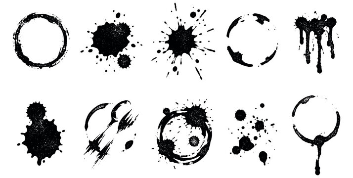 Grunge coffee cup rings and ink splatters set