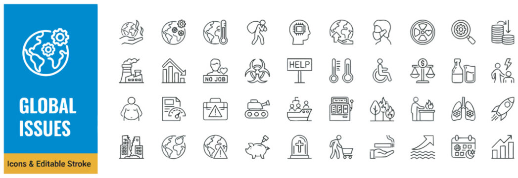 Global issues and world problems vector icon set representing environmental and social crisis