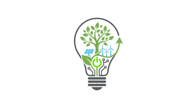 Eco-friendly light bulb logo with tree, wind turbines, solar panel, and power button