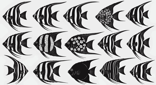 Collection of 15 black and white angelfish silhouettes featuring various decorative patterns including vertical stripes, polka dots, and floral motifs. High-contrast graphic illustration set on white.