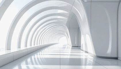 Fototapeta premium Modern Futuristic White Tunnel Architecture with Arched Ceiling and Reflective Floor