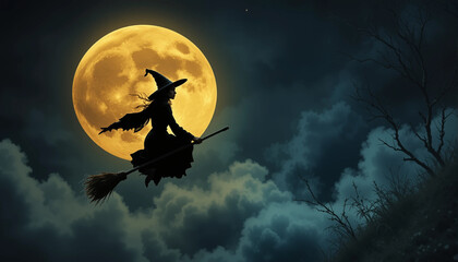 Fototapeta premium The silhouette of a witch glides through the night sky, framed by a luminous full moon and surrounded by flying bats.