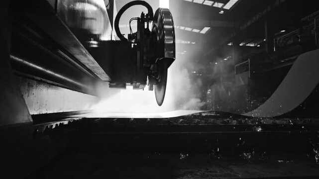Industrial metal saw cutting steel plate with bright sparks in a factory setting, creating a flowing sheet