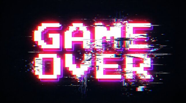 Glitch art text saying game over with digital distortion effects and pixelated neon lights on dark background with bright pixelated font heavy digital