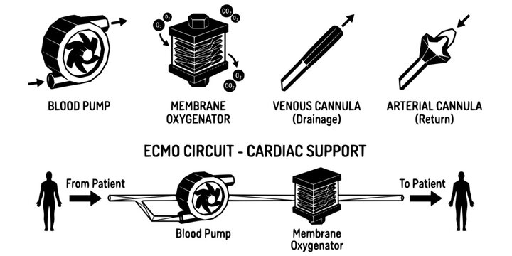 ECMO Circuit Low Poly Black White-Pump Component Oxygenator Cannula-Cardiac Support Vector-ECMO Icon Low Poly-Cardiology ICU Design Set