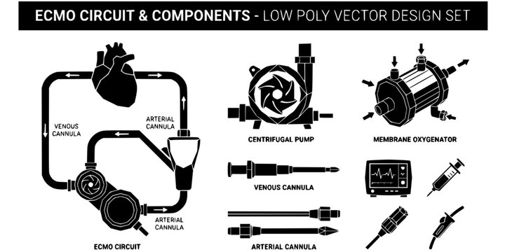 ECMO Circuit Low Poly Black White-Pump Component Oxygenator Cannula-Cardiac Support Vector-ECMO Icon Low Poly-Cardiology ICU Design Set