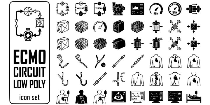 ECMO Circuit Low Poly Black White-Pump Component Oxygenator Cannula-Cardiac Support Vector-ECMO Icon Low Poly-Cardiology ICU Design Set