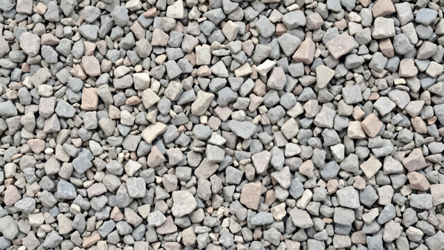 A dense, full-frame top-down view of irregularly shaped, varied grey and beige crushed stones creating a rough, natural ground texture.