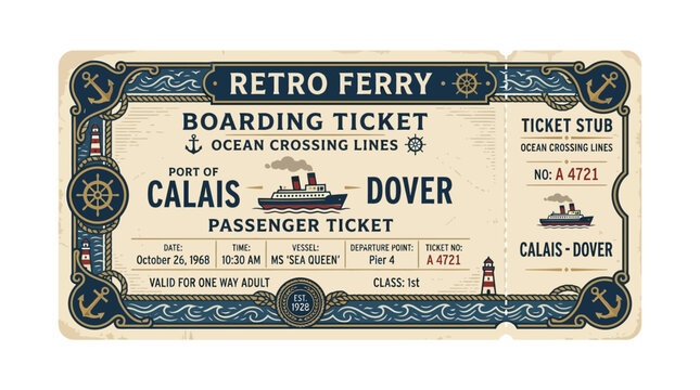 Retro Ferry Boarding Ticket: Calais to Dover, Ocean Crossing Lines