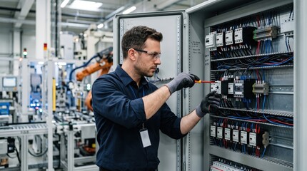 Fototapeta premium Skilled Technician Working on Electrical Control Panel in Modern Industrial Facility