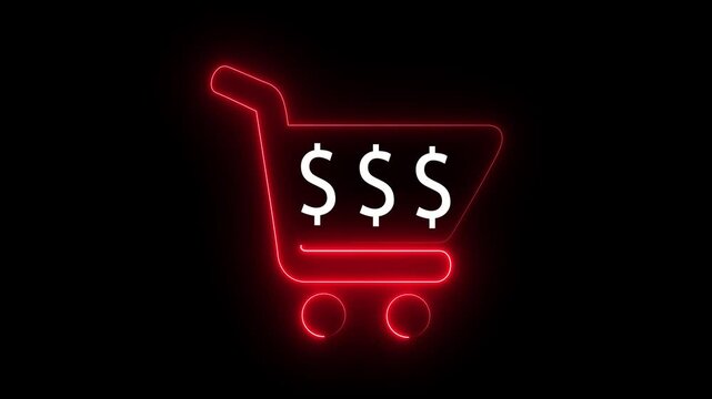 Glowing neon line Shopping cart and dollar symbol icon isolated on black background. Online buying concept. Delivery service HD Video motion graphic animation Neon line Shopping..