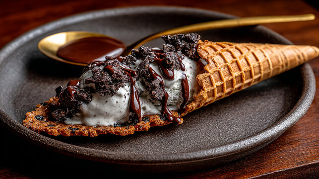 Gourmet ice cream cone with chocolate drizzle and crumble topping on dark plate, waffle cone