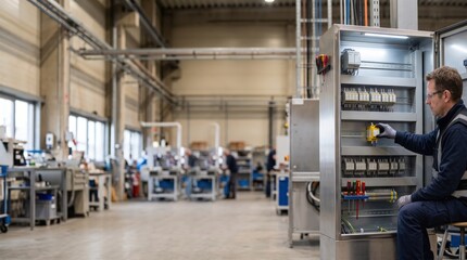 Fototapeta premium Skilled Technician Working in Modern Industrial Facility on Electrical Control Panel Repair