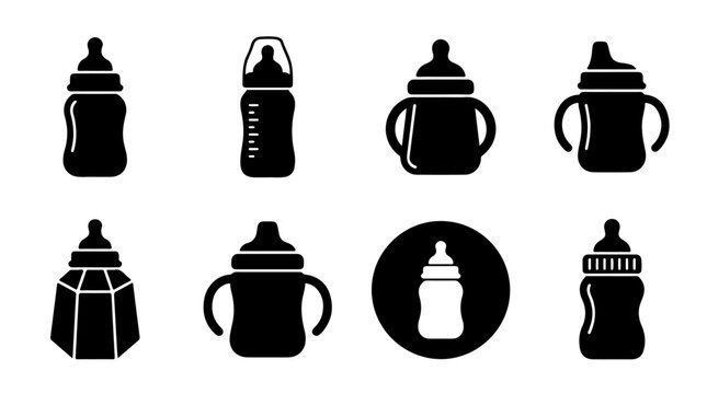 Baby bottle icons illustration featuring various feeding bottle designs with handles and sippy tops representing infant care and nourishment