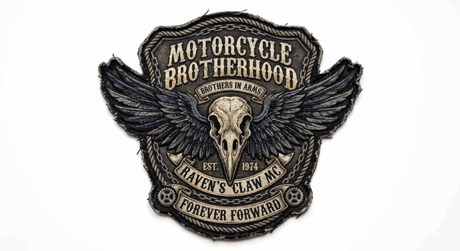 Vintage Embroidered Motorcycle Brotherhood Patch Featuring a Raven Skull and Wings for Biker Culture