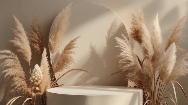 Dried Flower Arrangement Podium with Pampas Grass Beige Tones Boho Style Presentation