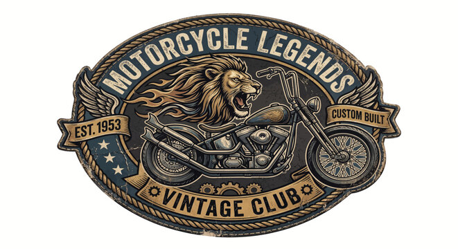 Vintage Motorcycle Club Emblem Featuring a Powerful Lion Riding a Custom Bike with Wings and Classic Typography