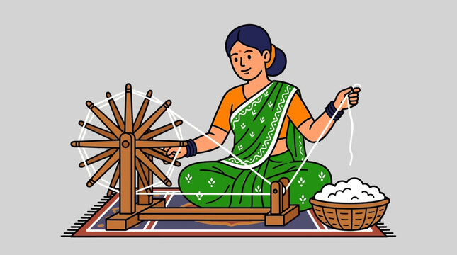 Indian woman spinning cotton on charkha india independence vector