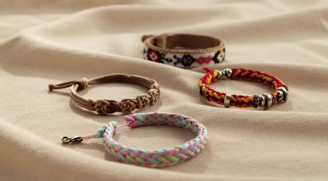 Handcrafted macrame bracelets arranged with polaroid frames and fresh spring flowers in this beautiful overhead motion animation clip displaying artistic handmade jewelry designs on a clean textured