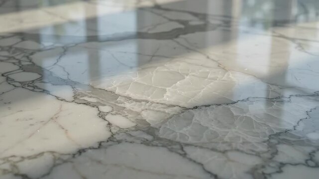 Close-up view of a shiny white marble floor with gray veins
