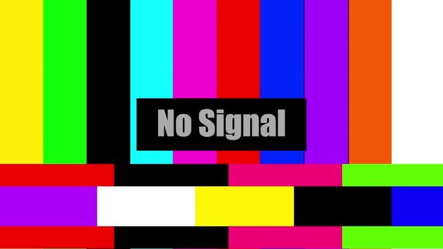 Retro TV test pattern with color bars and "No Signal" glitch effect.