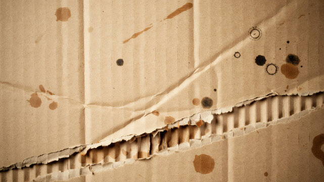 Grungy torn cardboard texture with ink splatters, weathered brown corrugated paper background, distressed recycled shipping box material