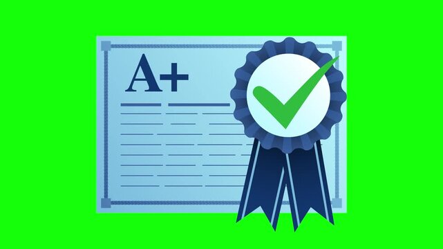 Certificate approval animation, A Plus diploma motion graphic, verified badge, education achievement, certification award on green screen
