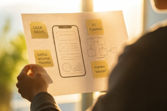 Warm backlit paper wireframe with sticky notes and hand