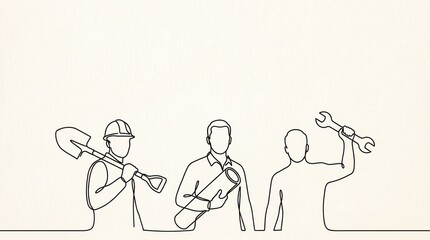 Fototapeta premium Minimalist continuous line art drawing of diverse labor day workers with tools and copy space. Generative AI