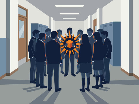 A group of students forms a circle, centered around a glowing cube, suggesting social dynamics and rebellion within a school hallway.  Dramatic lighting and silhouette create a compelling visual.