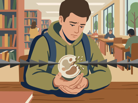 A young man sits in a library, overwhelmed by self-comparison, symbolized by a shattered egg. Illustrates eroded self-worth and psychological strain.  A poignant visual.