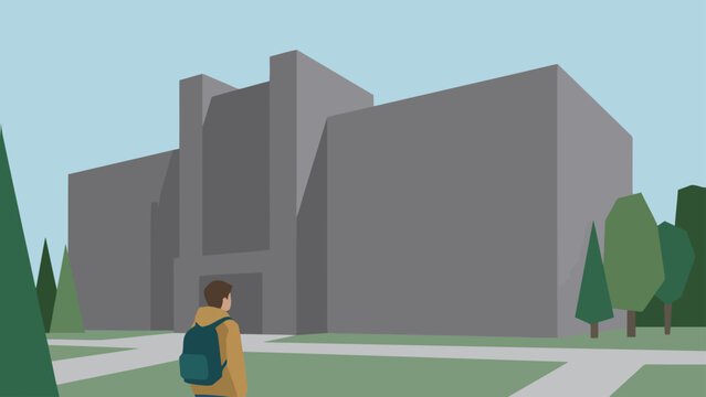 A young man stands distanced from a school building, conveying feelings of alienation and risk. The illustration highlights school detachment, youth alienation, and behavioral risk.