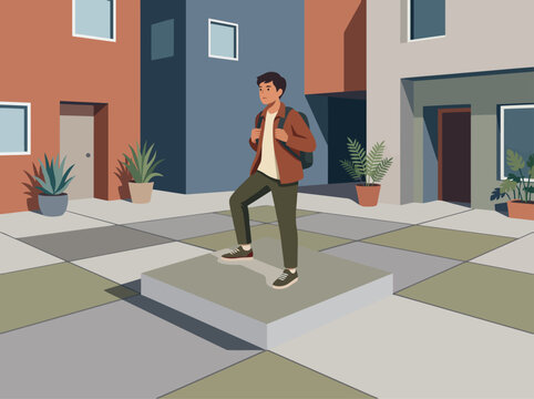 A young man stands confidently in an urban courtyard, showcasing a modern, assertive style. The illustration highlights boundaries and youth communication.