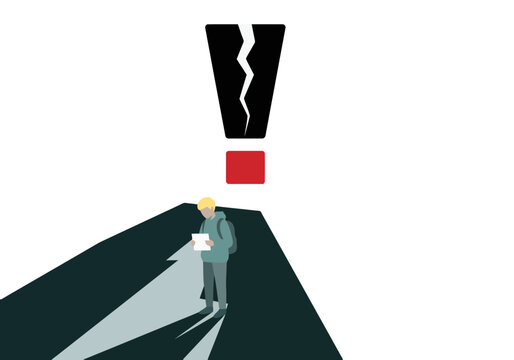 man stands on a path shadowed by a fractured symbol representing internalized criticism He holds a notebook illustrating persistent self-anxiety and hindering youth wellness