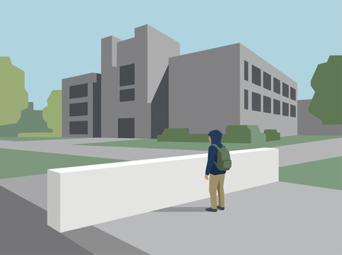 A young person stands distanced from a school building, symbolizing youth alienation and potential risk. A muted, modern illustration style highlights the theme of detachment.