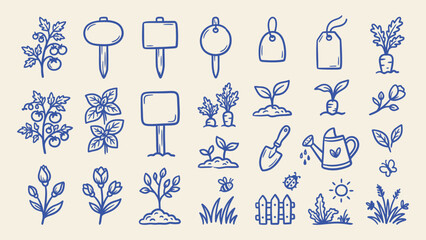 Gardening doodle icon set with hand drawn plants flowers watering can shovel and garden markers vector © Artastic