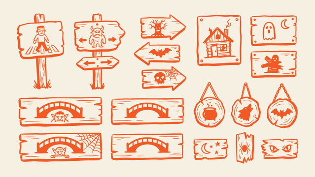 Spooky Halloween wooden signpost and plaque vector icons set featuring monsters ghosts bats and trolls for festive decorations