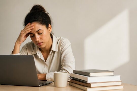 Stressed woman working at laptop with books and coffee at home