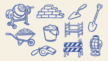 Construction tools and equipment doodle icon set vector illustration featuring cement mixer wheelbarrow shovel and bricks © Artastic