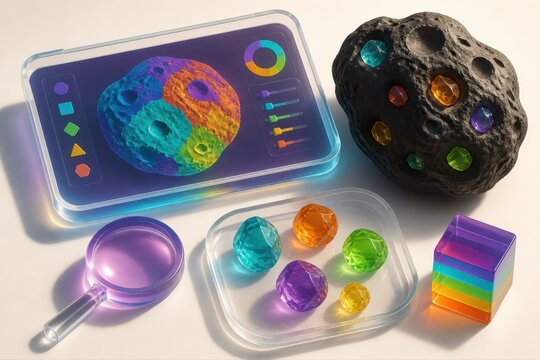 Colorful gemstones and mineral samples in futuristic 3D display