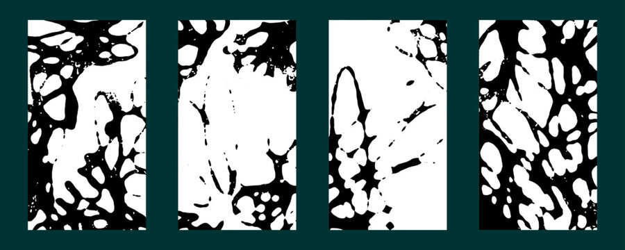 Vibrant abstract splatter background banner set with black white ink blob textures. Creative minimalist urban backdrop layout for modern streetwear graphic design.