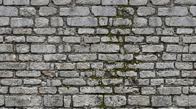 Aged Mossy Stone Brick Wall Texture Background with Weathered Gray Masonry Pattern