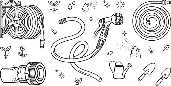 Garden Hose and Watering Equipment Icon Set with Spray Nozzle Tool Symbols